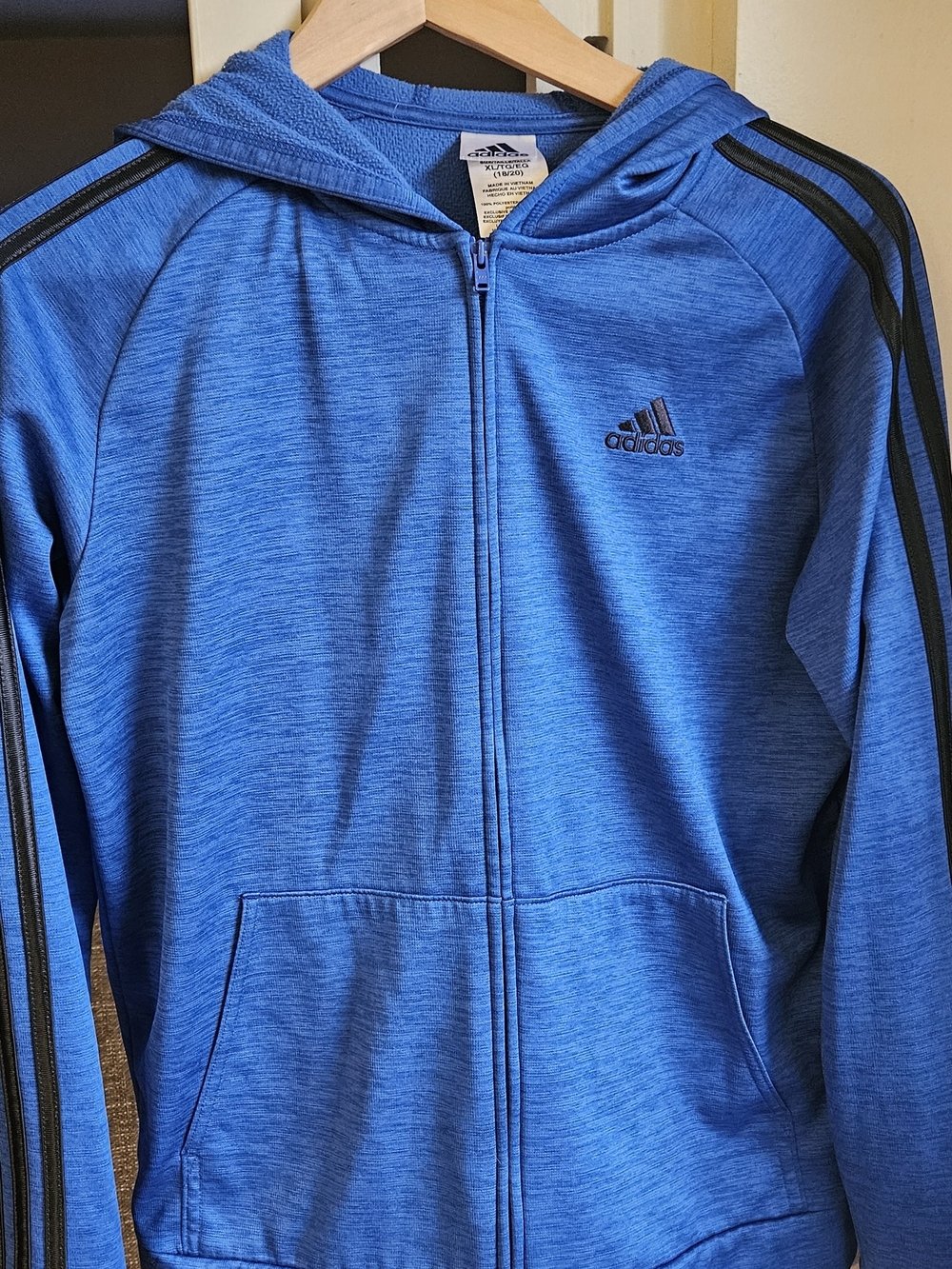 adidas Boys Blue Hooded Full-Zip Jacket with Black Stripes